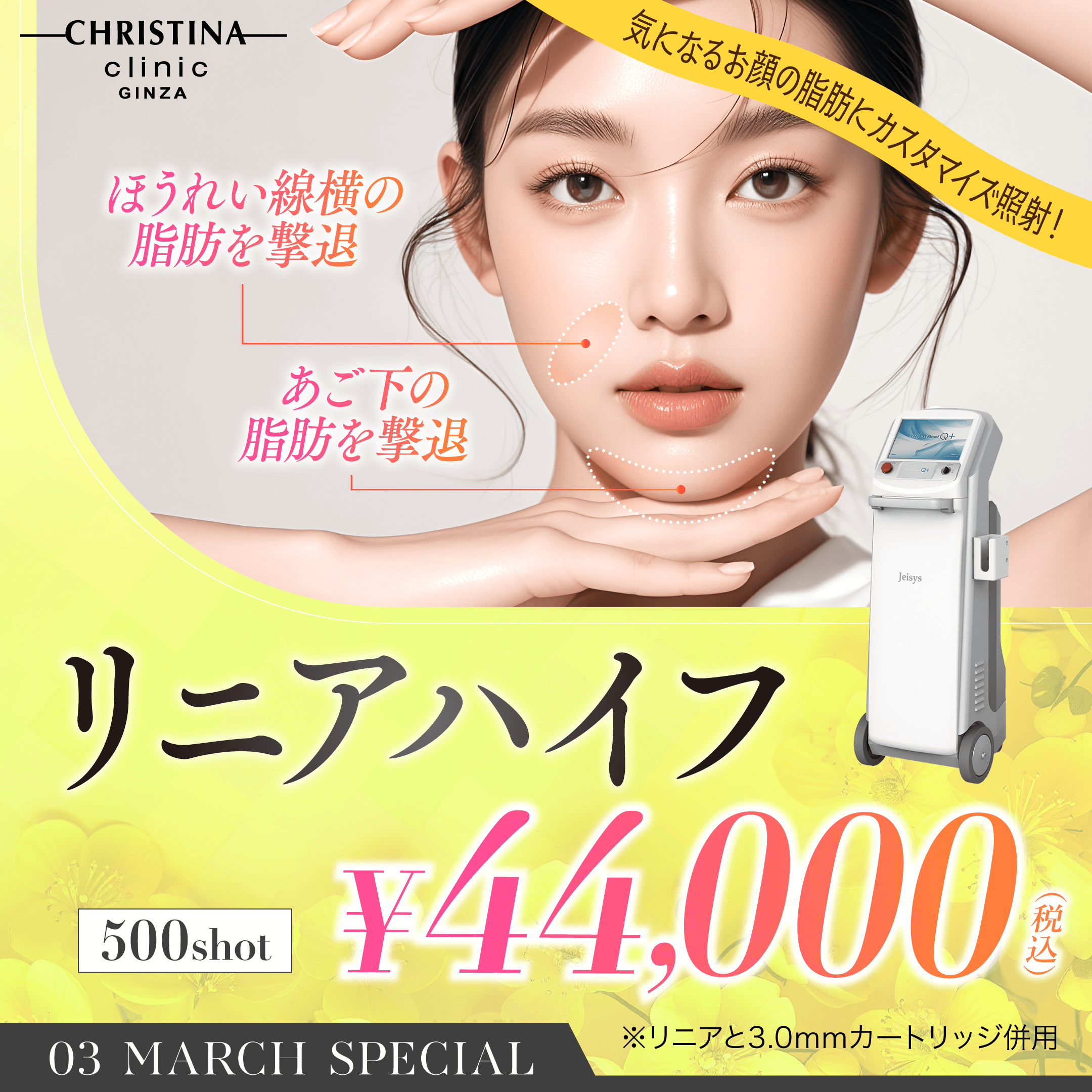 気になるお顔の脂肪にカスタマイズ照射！　ほうれい線横の脂肪を撃退・あご下の脂肪を撃退　リニアハイフ